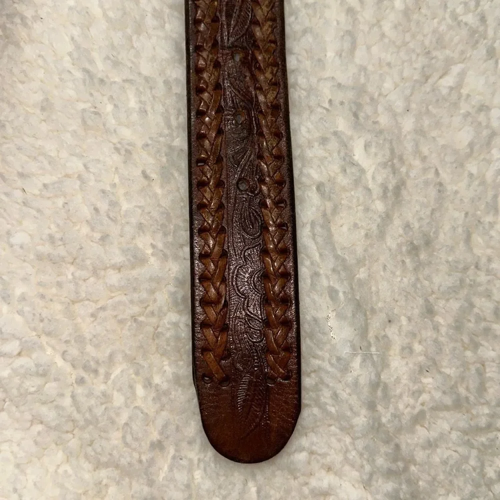 Vintage 44 Brown Gold Tone Buckle Tooled Braided Leather Belt x RED Embossed